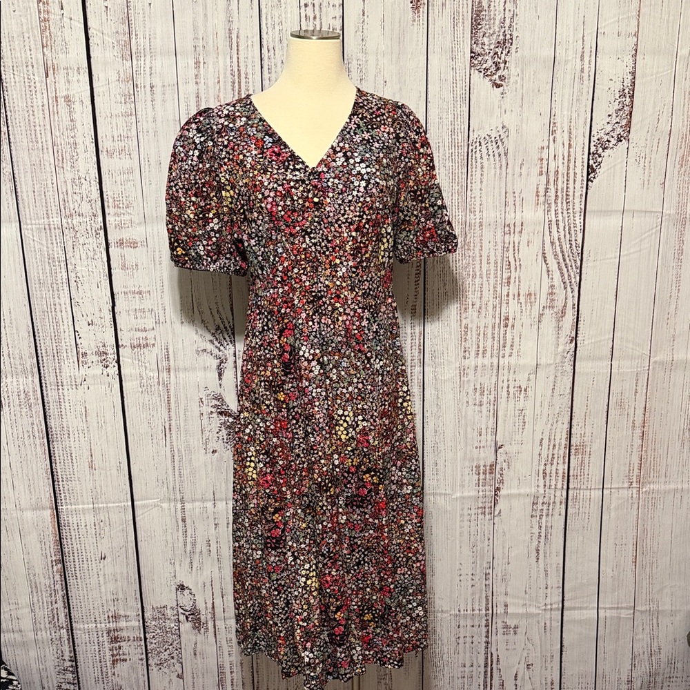 GAP Black Floral V-Neck Midi Dress with Pink & Brown Details